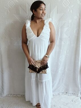 Hunter & Brown White Bahama Baby Tiered Ruffle Maxi Dress Smocked Back Size Med